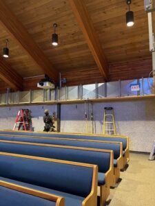 Installation of MDF over new ducts c/w wiring for future LED lighting.